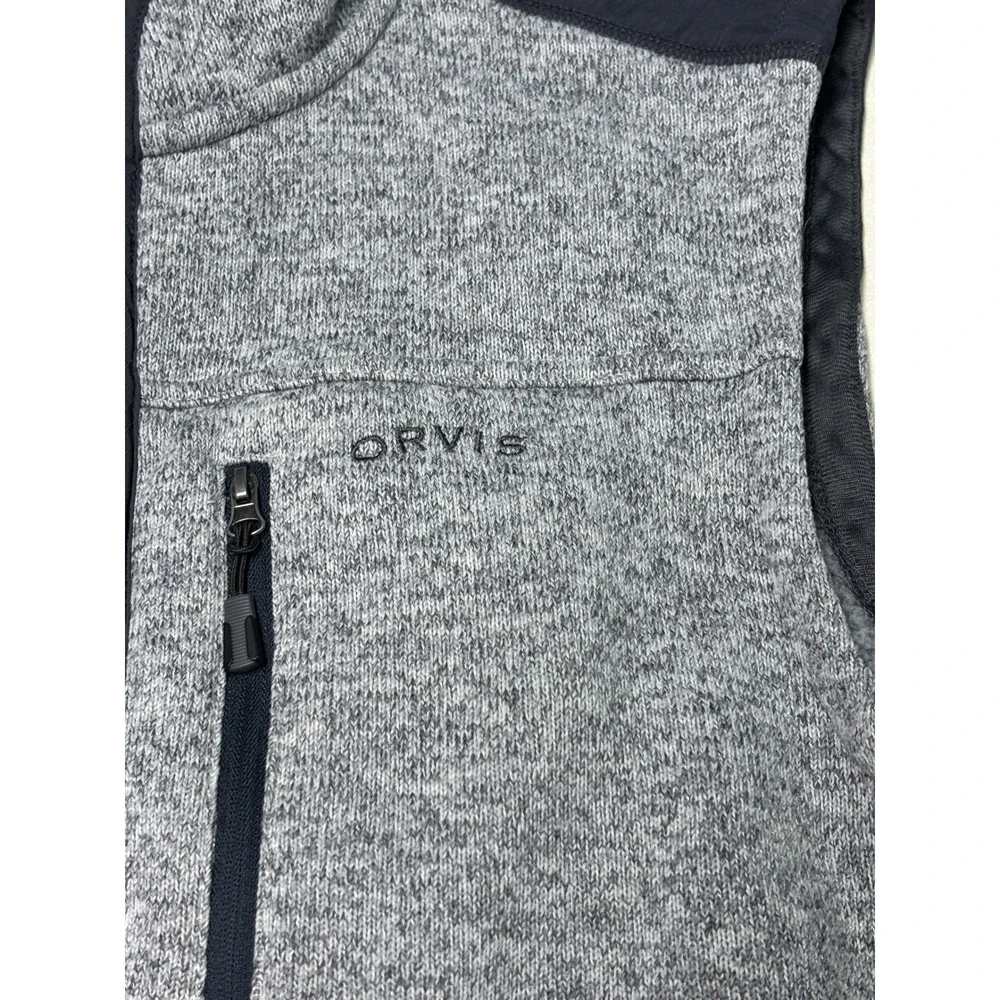 Orvis Mens Full Zip Sweater Fleece Vest Gray Navy Blue Quilted Trim Large
